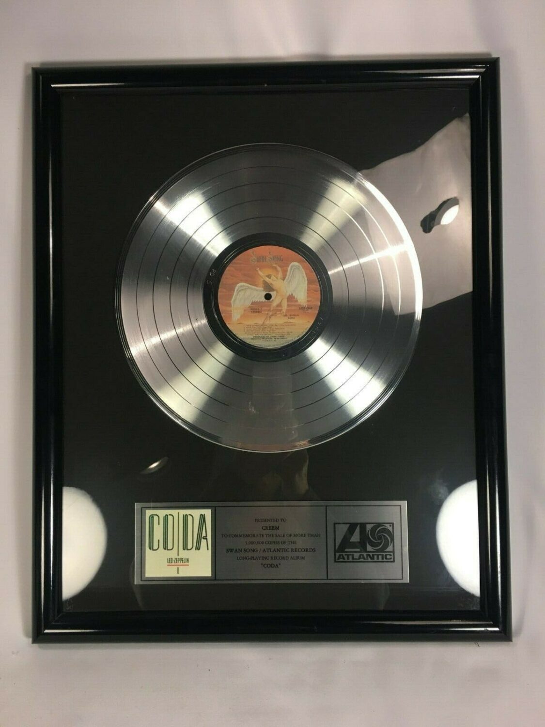 Australien Den anden dag Diplomat Led Zeppelin CODA Platinum Record 1 Million Sales In-House Swan Song Award  - Vintage