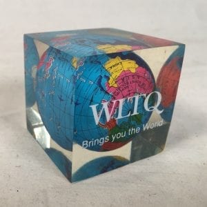 WLTQ Radio Promotional Paperweight Acrylic Lucite Globe "WLTQ Brings You The World" Vintage