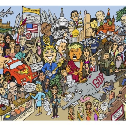 Political Cartoon by Sylvia Massy 2016 Trump Hillary Bernie Biden Bill Melania 11×17″ Election Putin GOP DEMs Vote!