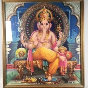 Hindu Devotional Art Ganesh Ganesha Framed Antique Print India Original Mounting Glass RARE!!!
