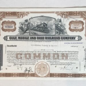 Railway Stock Certificate Common 5 Shares Gulf, Mobile and Ohio Railroad Company Vintage RARE Decorative Framable Art Steampunk