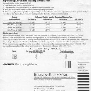 Ampex 499 Audio Tape Level and Bias Card FREE DOWNLOAD!!! 1987 Info For Tape Recording Alignment Vintage Documentation